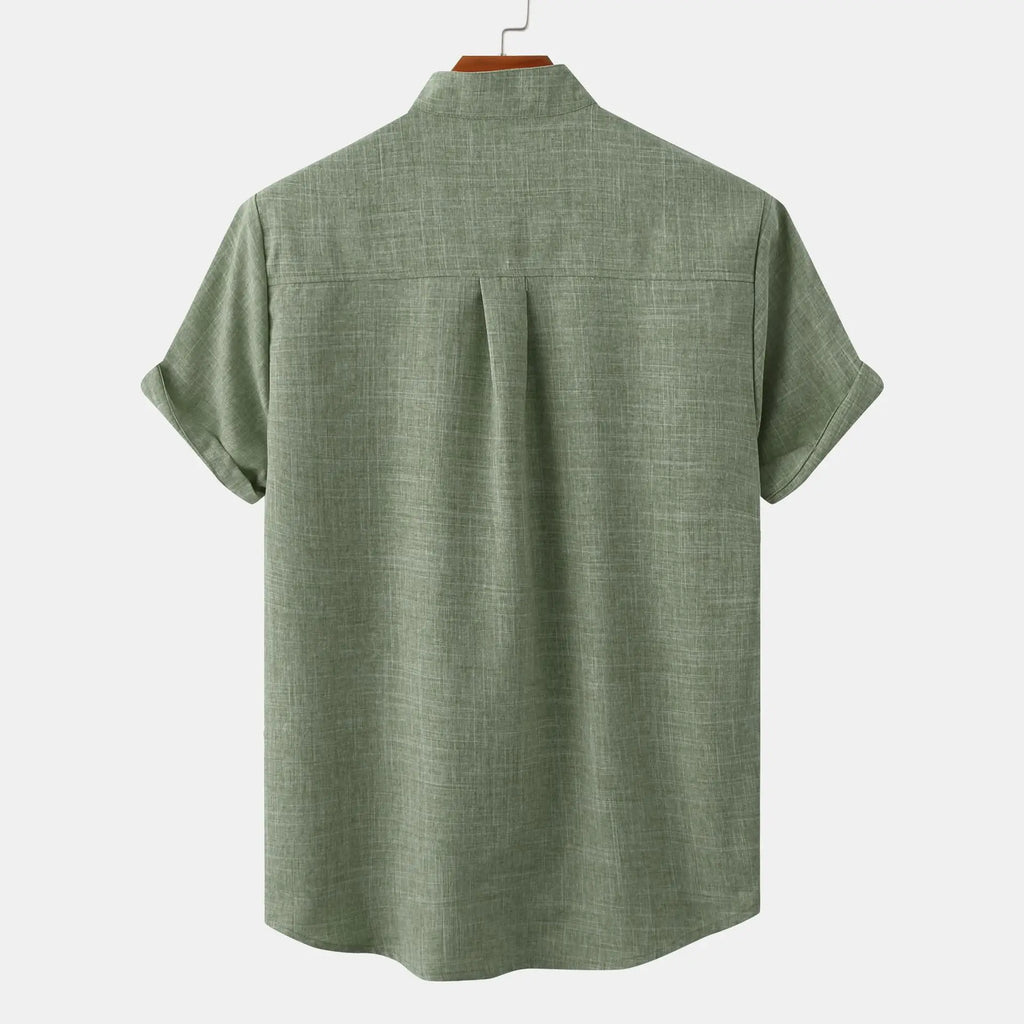 men's linen-blend short-sleeve shirt with band collar and button-down pocket