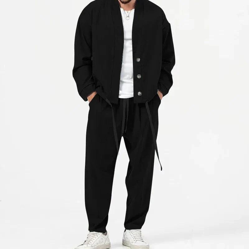 two-piece set with button-front jacket and drawstring trousers