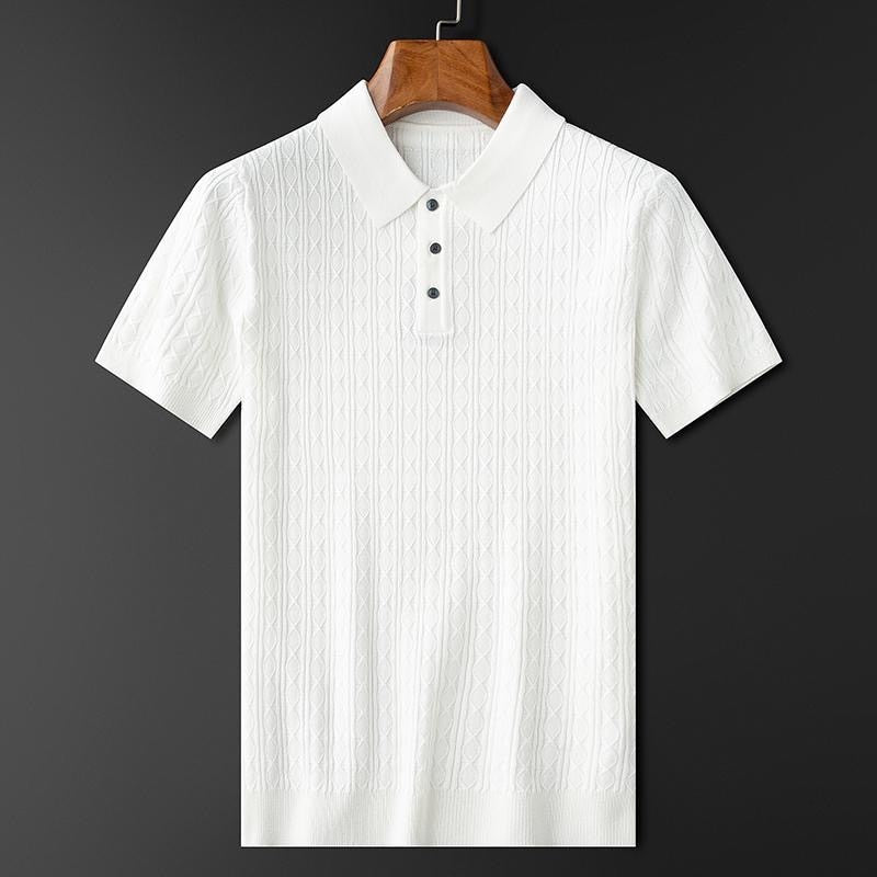 men's textured short sleeve polo top with three-button placket