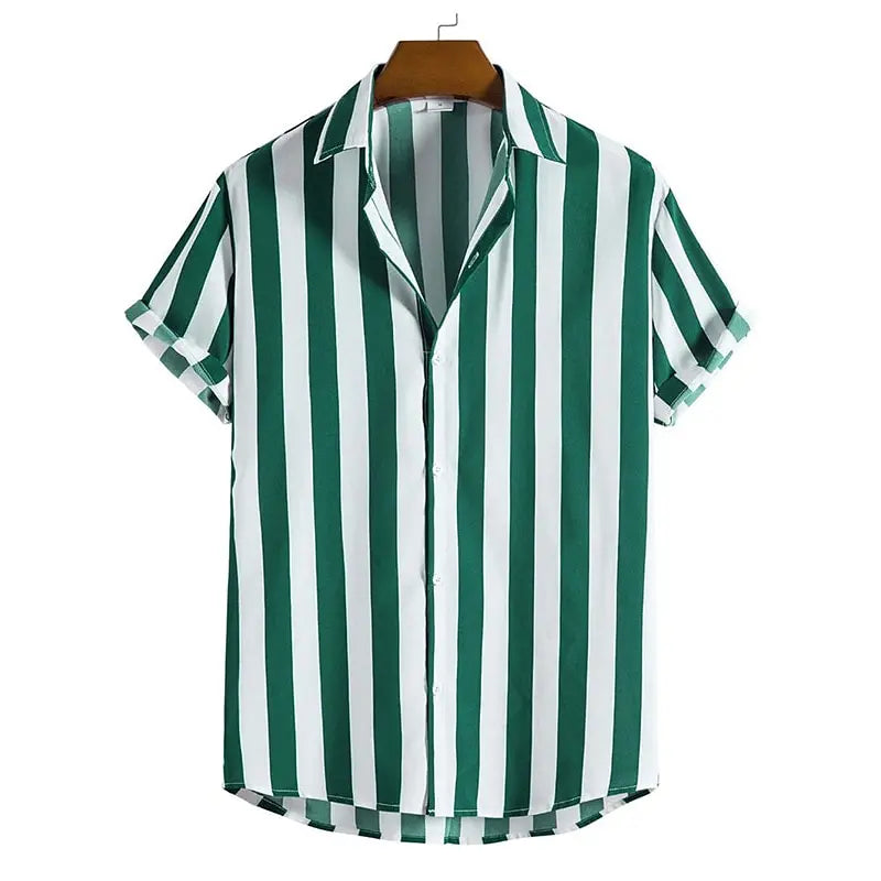 men's short sleeve button-up shirt with vertical stripe