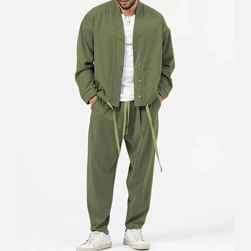 two-piece set with button-front jacket and drawstring trousers