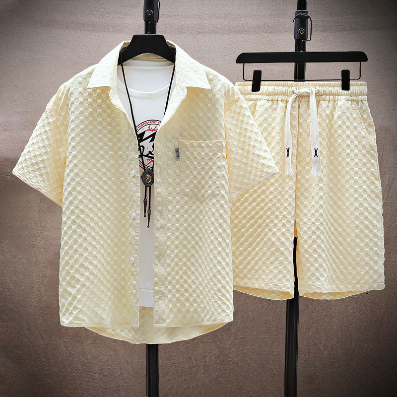 men's textured short sleeve shirt and drawstring shorts two-piece set for summer