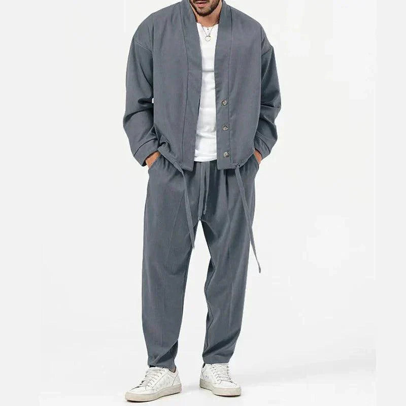 two-piece set with button-front jacket and drawstring trousers