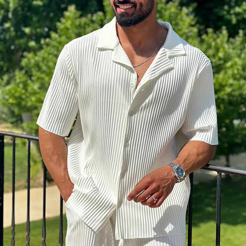 men's pleated camp collar short sleeve shirt and straight leg trousers set