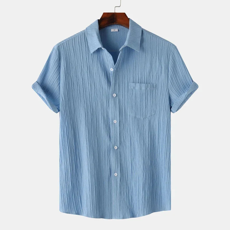 short sleeve button up shirt for men with polo collar and chest pocket