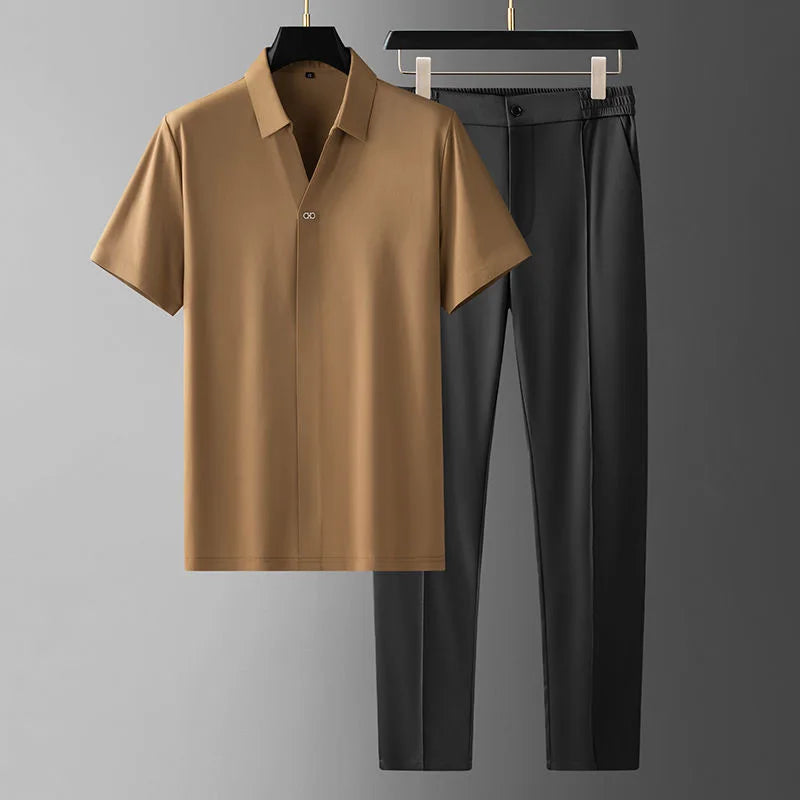 men's elastic-waist short sleeve polo shirt and trousers set
