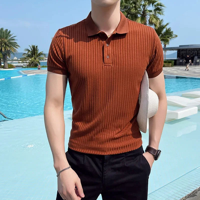 men's slim fit knit polo shirt with short sleeve point collar and ribbed texture