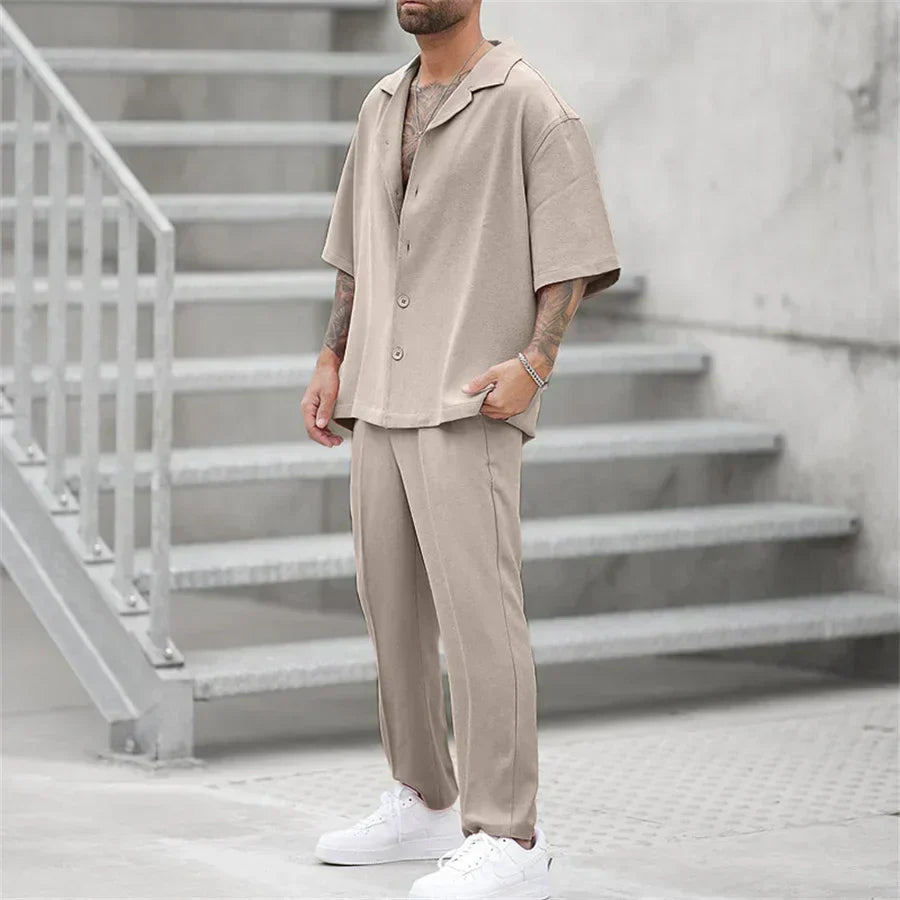 men's short-sleeve shirt and straight-leg trousers two-piece set