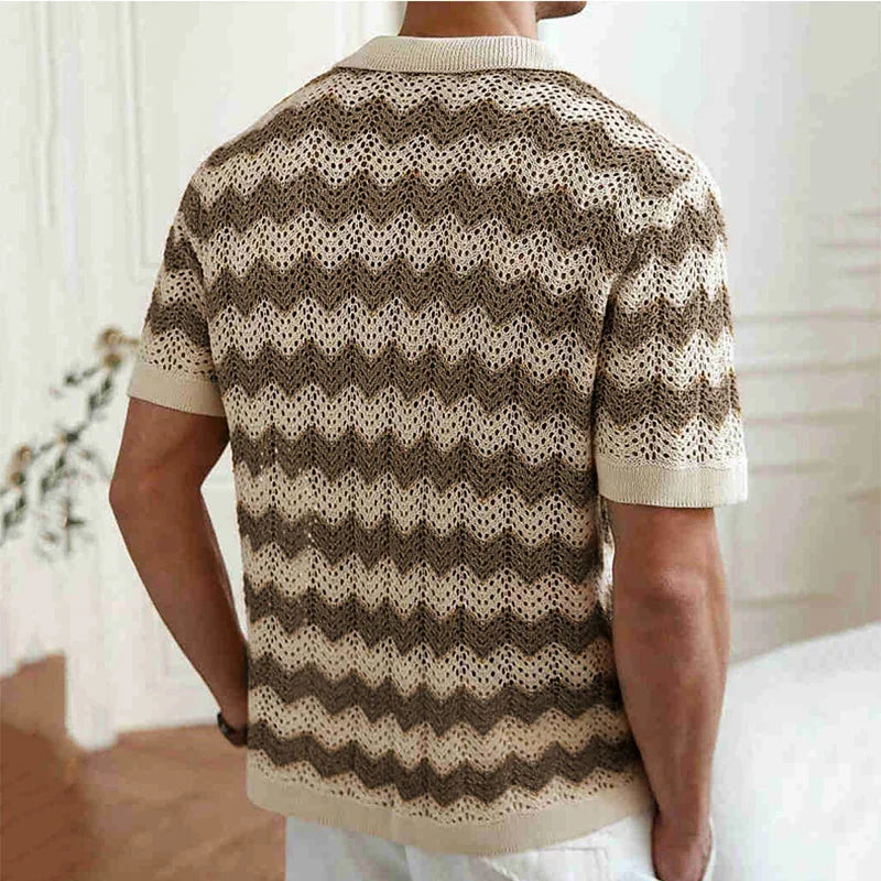 men's short sleeve button front crochet knit shirt zigzag pattern and collar