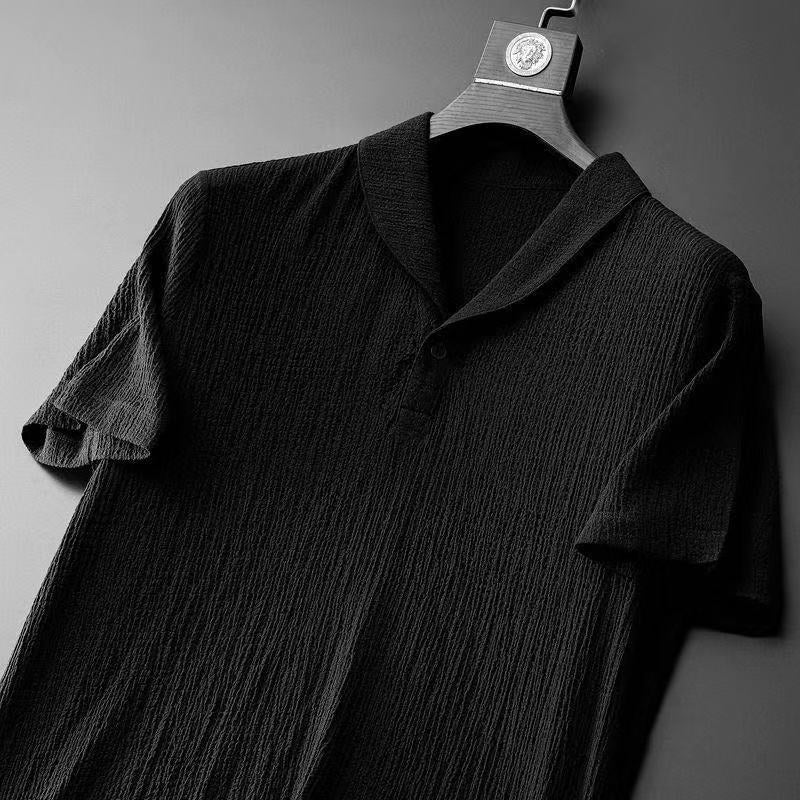 textured two-piece set for men shawl collar top and tapered drawstring trousers