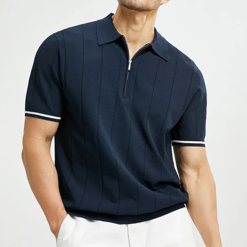 men's fine knit quarter zip polo with short sleeves and vertical stripe