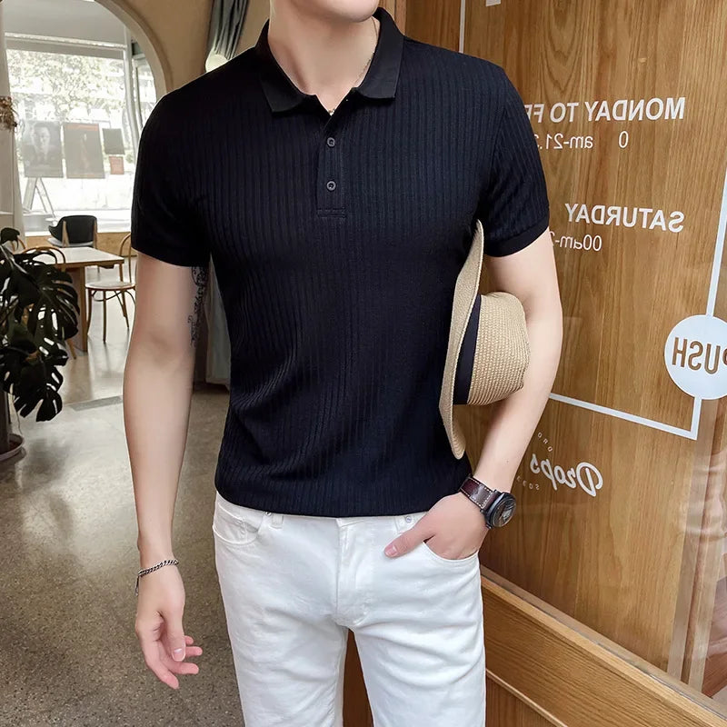men's slim fit knit polo shirt with short sleeve point collar and ribbed texture