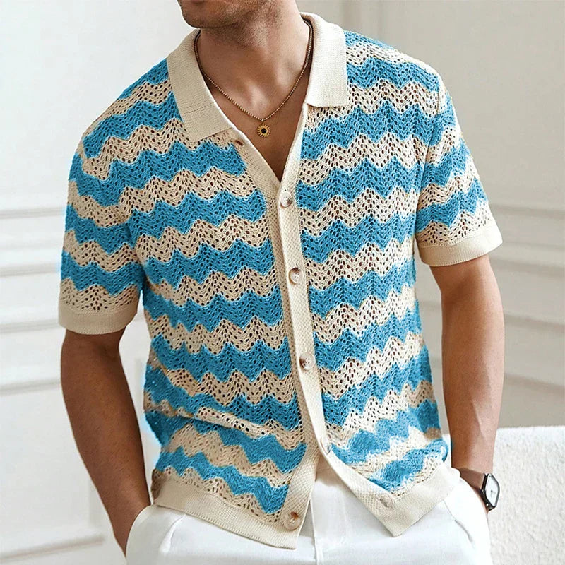 men's short sleeve button front crochet knit shirt zigzag pattern and collar