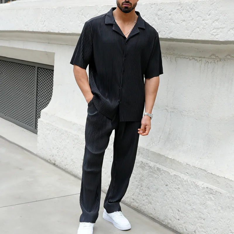 men's pleated camp collar short sleeve shirt and straight leg trousers set