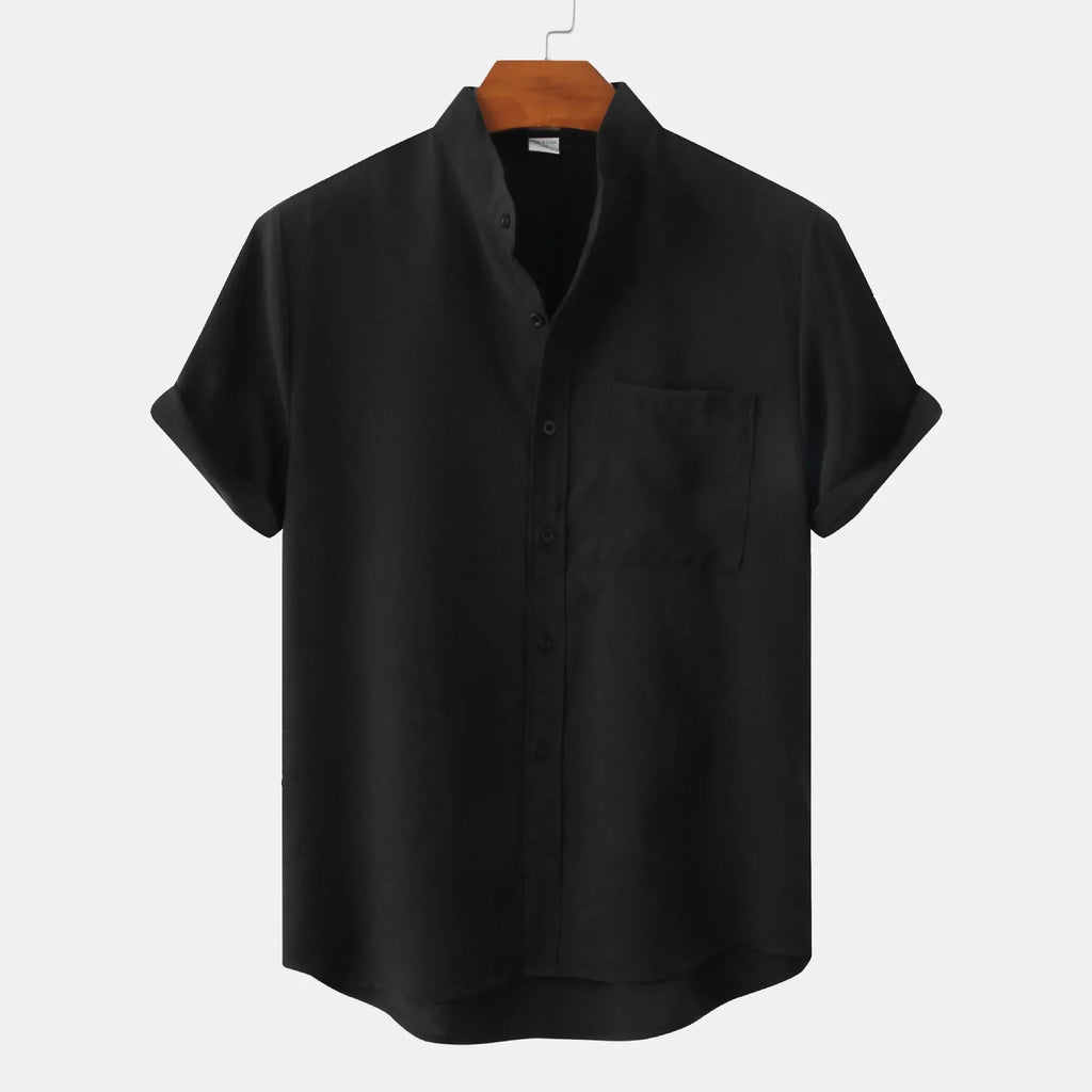 men's linen-blend short-sleeve shirt with band collar and button-down pocket