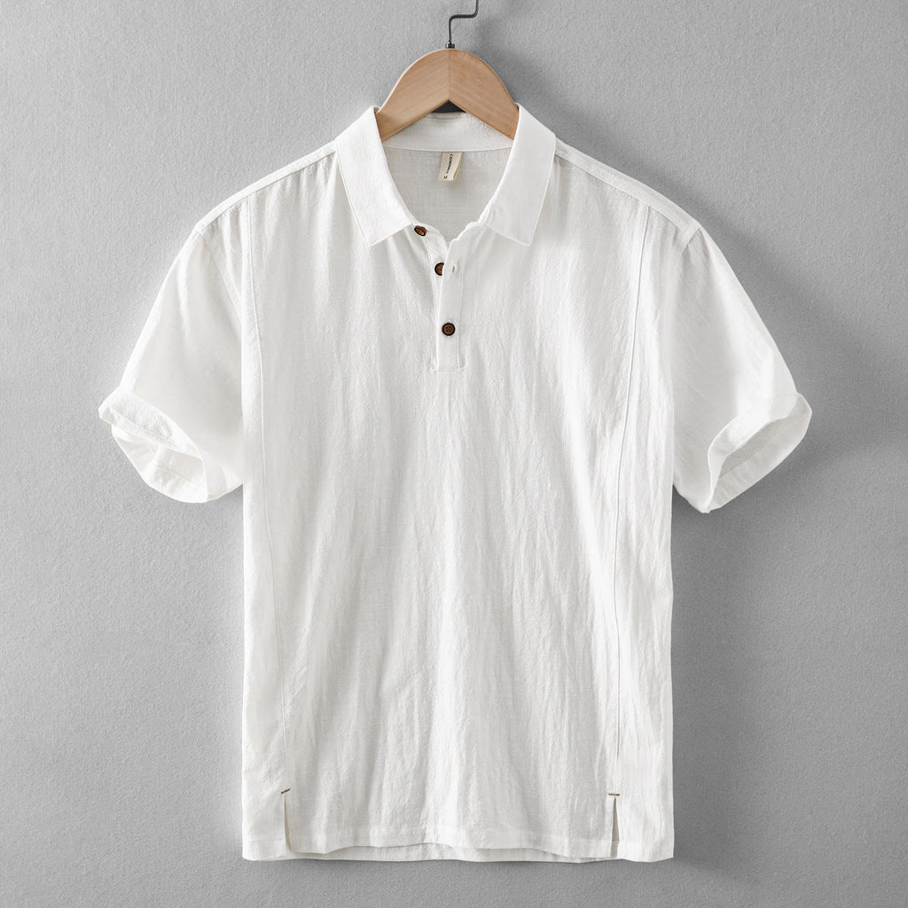 men's short-sleeve linen blend pull-on shirt with point collar two-button