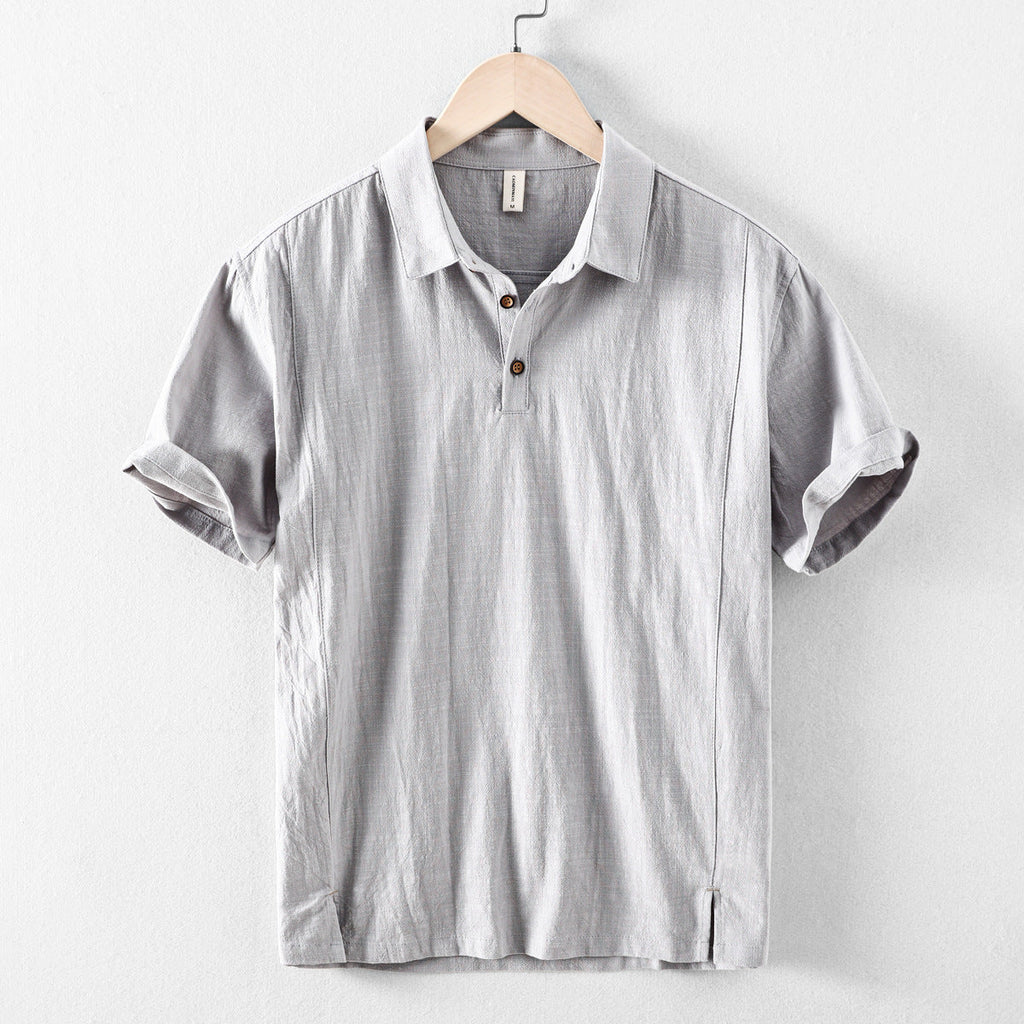 men's short-sleeve linen blend pull-on shirt with point collar two-button