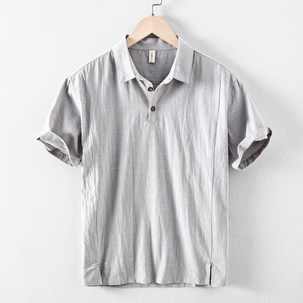 men's short-sleeve linen blend pull-on shirt with point collar two-button