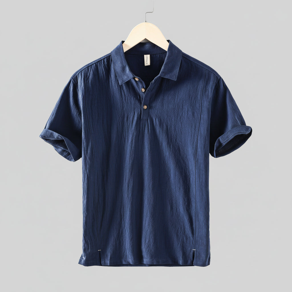 men's short-sleeve linen blend pull-on shirt with point collar two-button