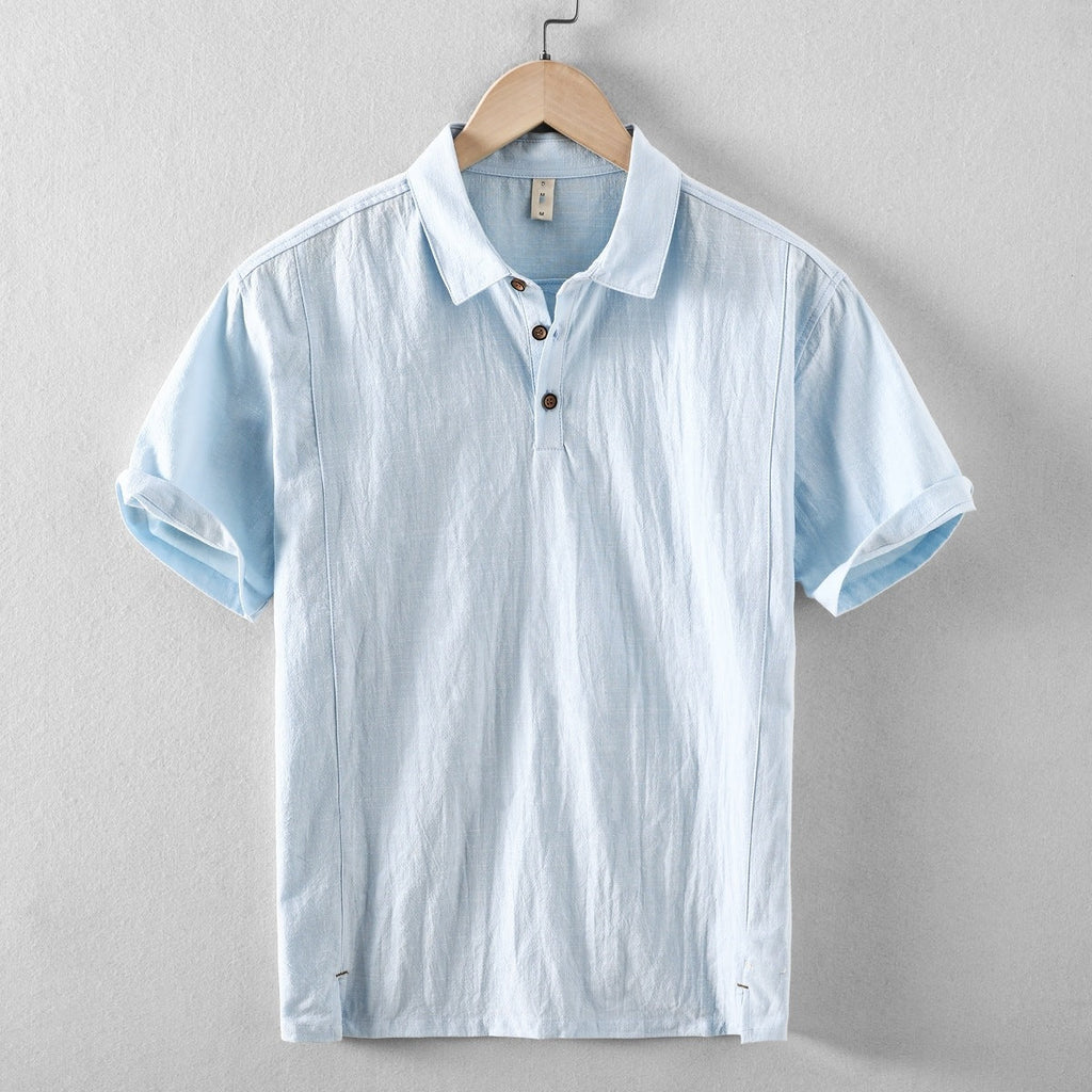 men's short-sleeve linen blend pull-on shirt with point collar two-button