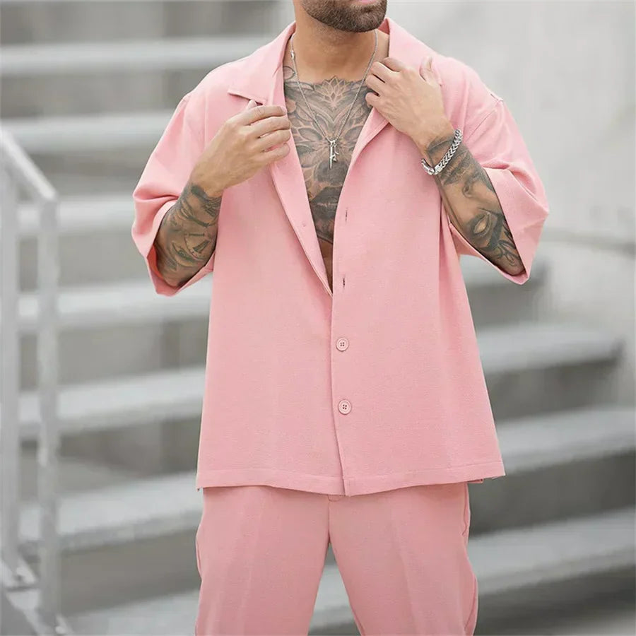 men's short-sleeve shirt and straight-leg trousers two-piece set