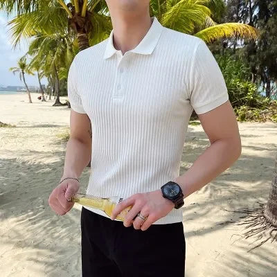 men's slim fit knit polo shirt with short sleeve point collar and ribbed texture