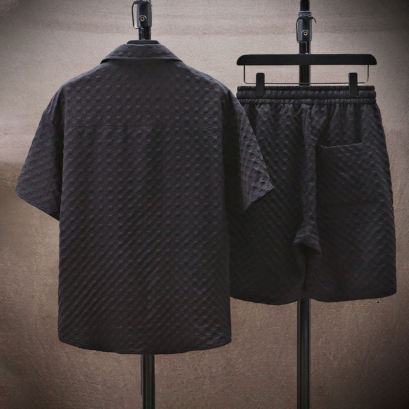 men's textured short sleeve shirt and drawstring shorts two-piece set for summer
