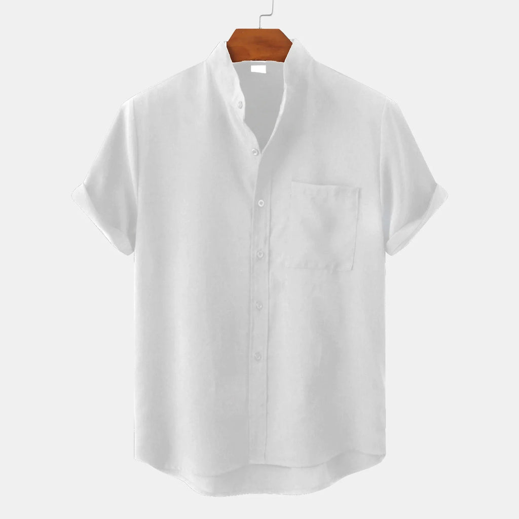 men's linen-blend short-sleeve shirt with band collar and button-down pocket