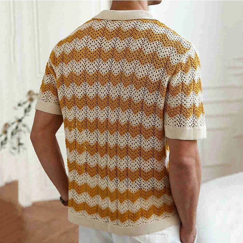 men's short sleeve button front crochet knit shirt zigzag pattern and collar