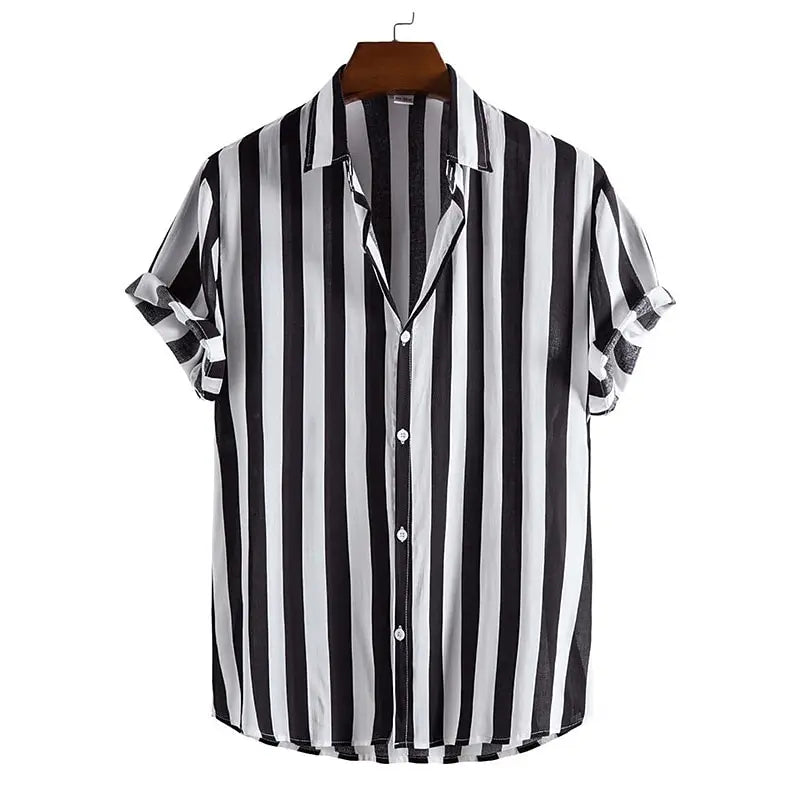 men's short sleeve button-up shirt with vertical stripe