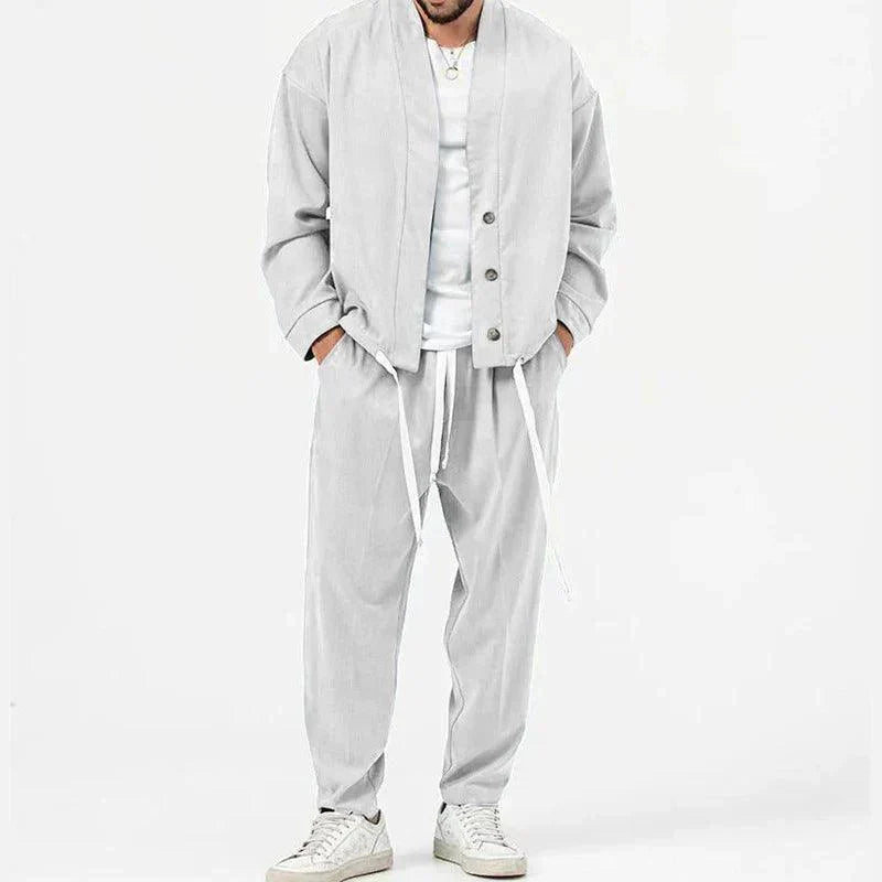 two-piece set with button-front jacket and drawstring trousers