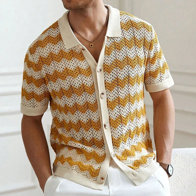 men's short sleeve button front crochet knit shirt zigzag pattern and collar