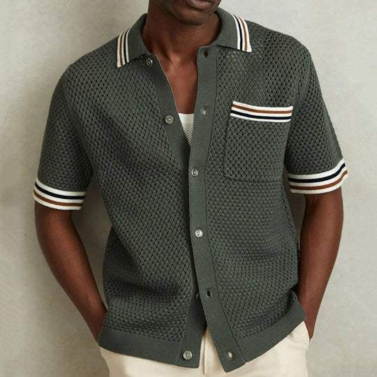 men's army green short sleeve knit polo with button front and chest pocket