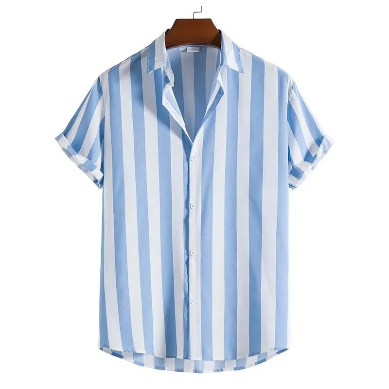 men's short sleeve button-up shirt with vertical stripe
