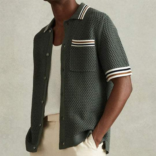 men's army green short sleeve knit polo with button front and chest pocket