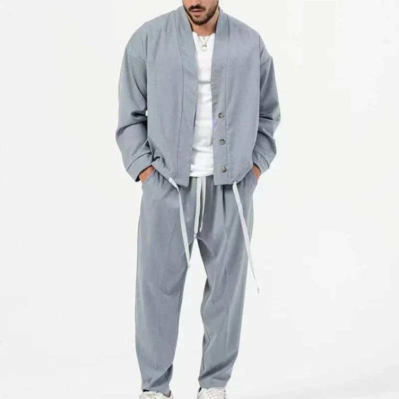 two-piece set with button-front jacket and drawstring trousers