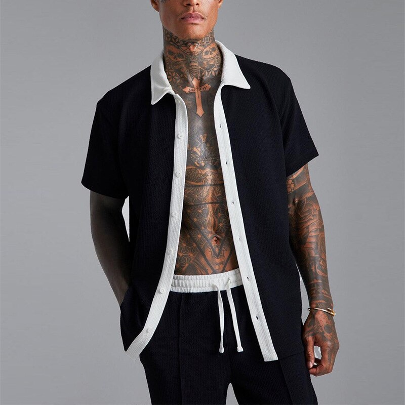 men's ribbed two-piece set with button-front top and drawstring shorts