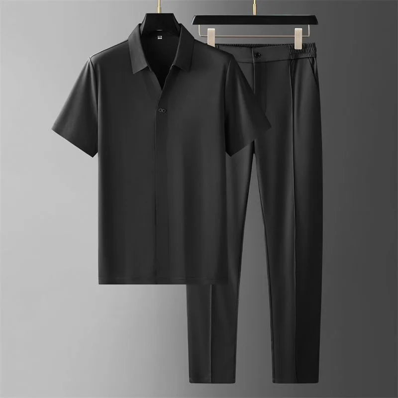 men's elastic-waist short sleeve polo shirt and trousers set