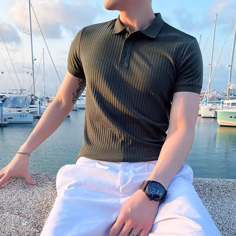 men's slim fit knit polo shirt with short sleeve point collar and ribbed texture