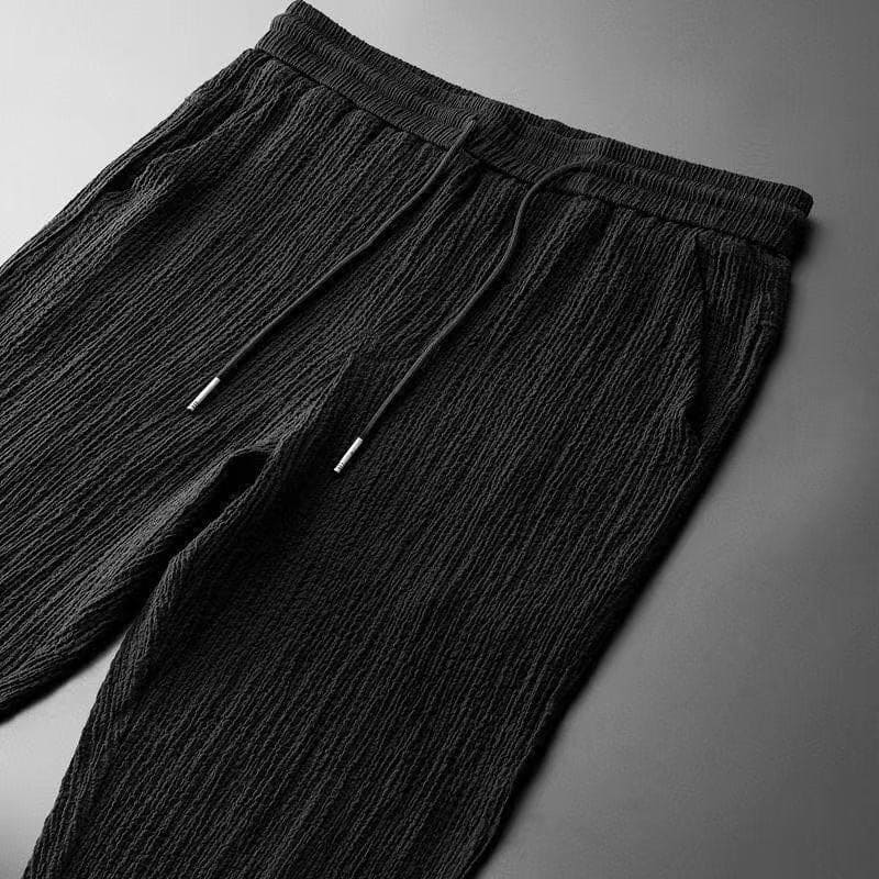 textured two-piece set for men shawl collar top and tapered drawstring trousers