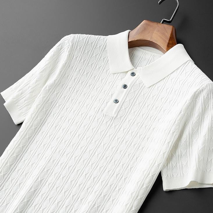 men's textured short sleeve polo top with three-button placket