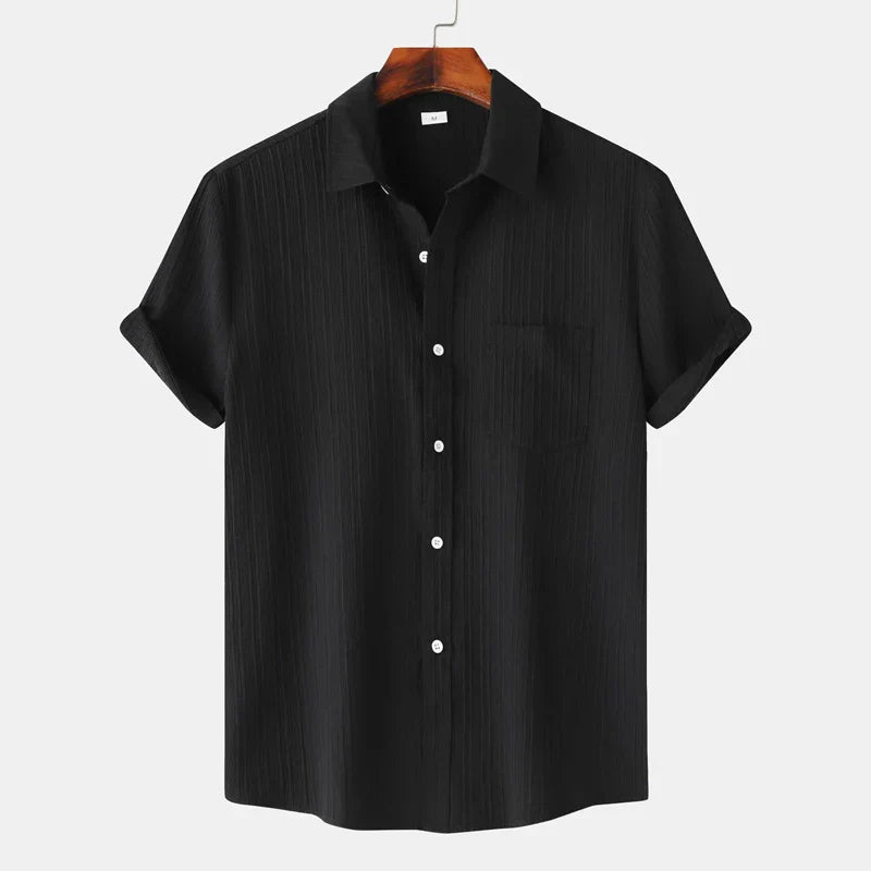 short sleeve button up shirt for men with polo collar and chest pocket