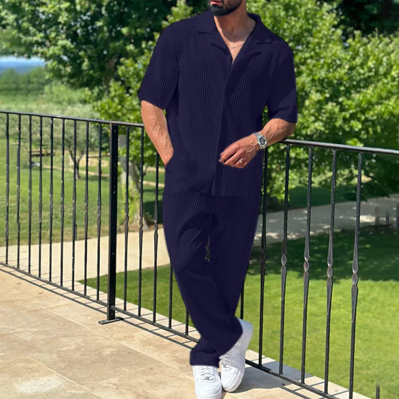 men's pleated camp collar short sleeve shirt and straight leg trousers set