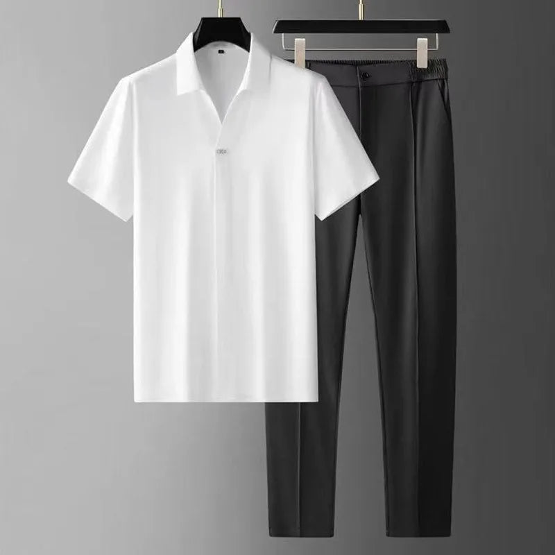 men's elastic-waist short sleeve polo shirt and trousers set