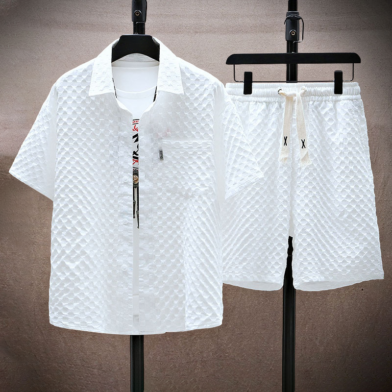 men's textured short sleeve shirt and drawstring shorts two-piece set for summer