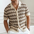 men's short sleeve button front crochet knit shirt zigzag pattern and collar