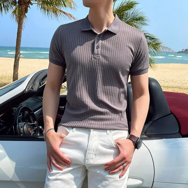 men's slim fit knit polo shirt with short sleeve point collar and ribbed texture