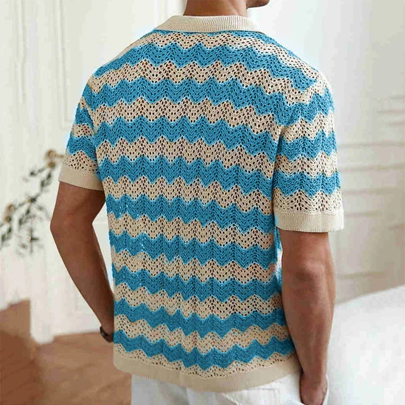 men's short sleeve button front crochet knit shirt zigzag pattern and collar