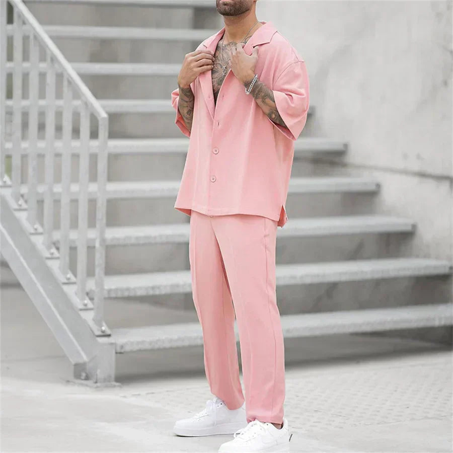 men's short-sleeve shirt and straight-leg trousers two-piece set