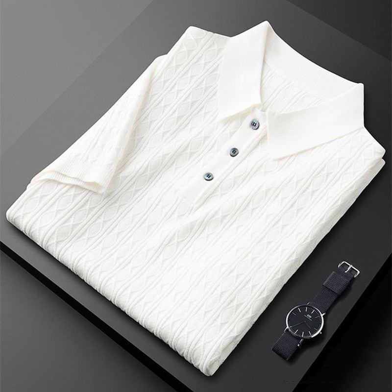 men's textured short sleeve polo top with three-button placket